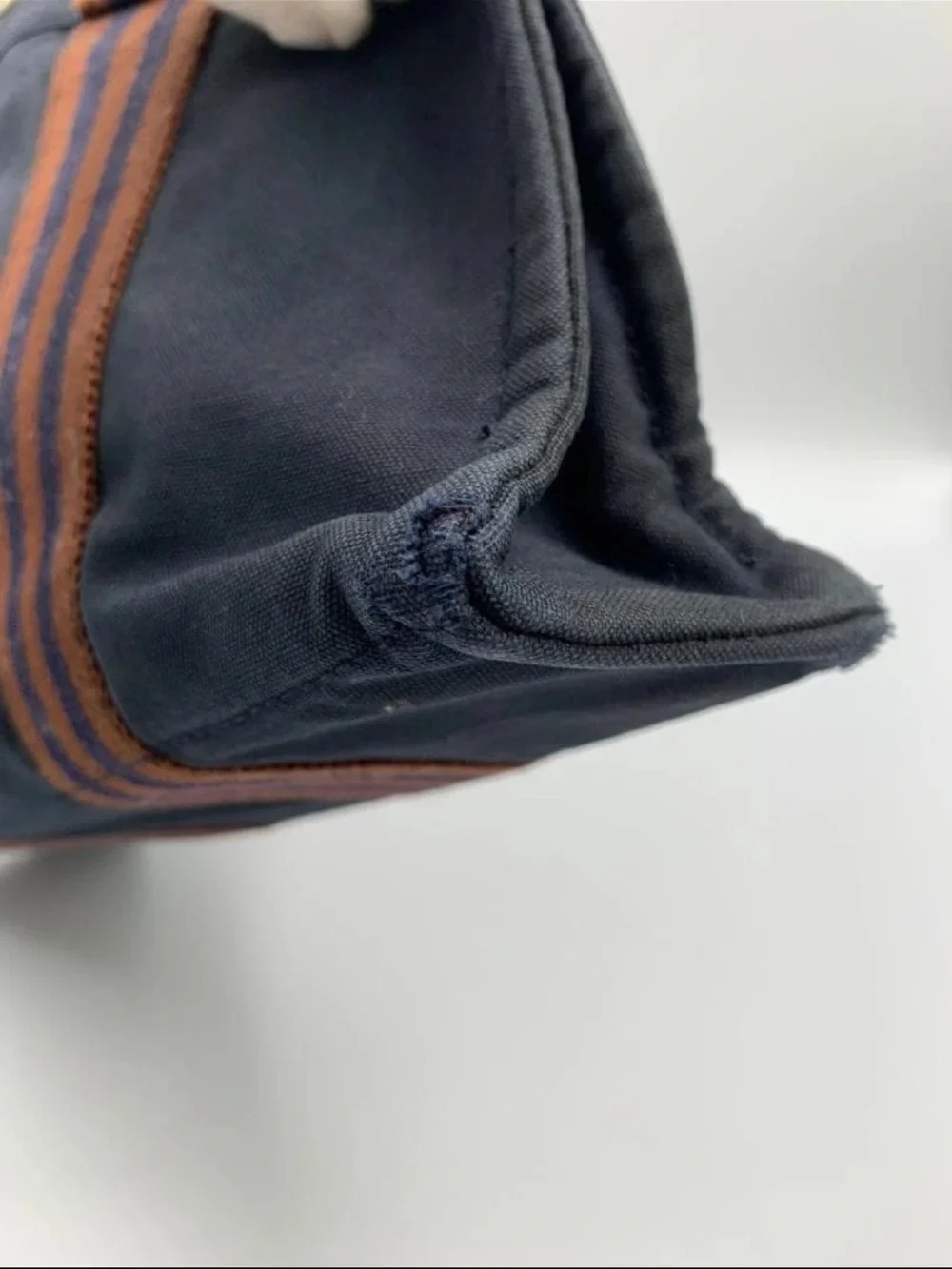 Hermes Navy Canvas Tote with Brown Striped Handles